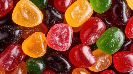 This mouth-watering image captures a colorful assortment of jelly candies in various shapes, offering a delightful visual treat perfect for food-related contexts and confectionery themes.