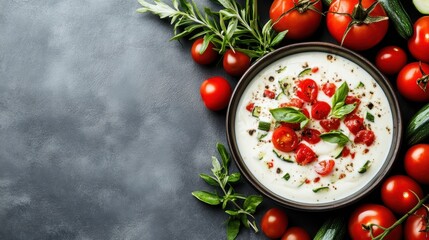 This vibrant image features fresh tomatoes, creamy yogurt, and aromatic basil, creating a visually appealing presentation ideal for cooking enthusiasts and food lovers.