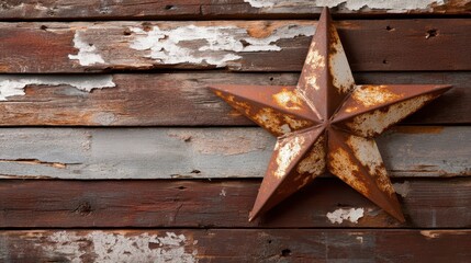 This rustic image showcases a weathered metal star against peeling paint wood, exuding a vintage charm that resonates with warmth, nostalgia, and homely appeal.