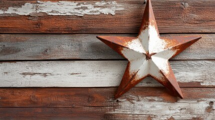 A weathered rusted star decoration stands out against a backdrop of aged wooden planks, creating a rustic and vintage feel perfect for home decor and country themes.