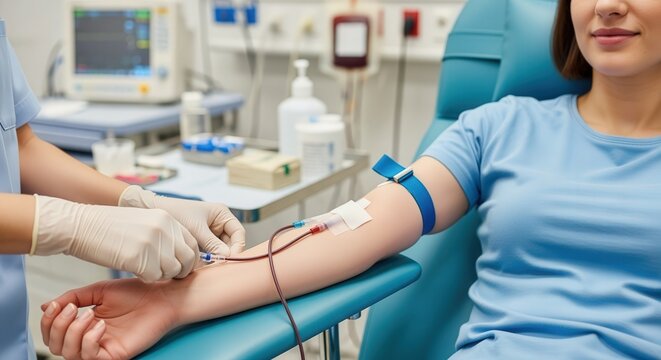 World Blood Donor Day Female donor undergoing blood collection procedure in medical clinic setting