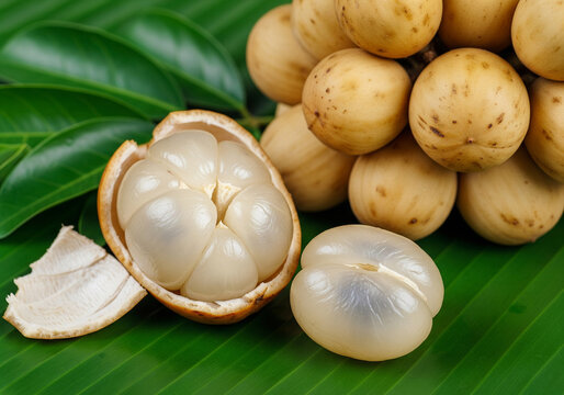 Close-up of fresh Longkong fruit, with one fruit peeled open to reveal the translucent segments, set against a backdrop of green leaves, a popular tropical fruit found in Southeast Asia. 