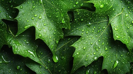 An enchanting close-up of vibrant green leaves glistening with rain droplets, evoking a sense of freshness and natural beauty in a lush, thriving environment.