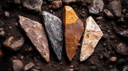 A captivating arrangement of four distinct stone tools showcasing their unique shapes and textures against a backdrop of earthy soil, perfect for historical exploration.