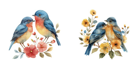 lovebirds and flowers watercolor vector illustration