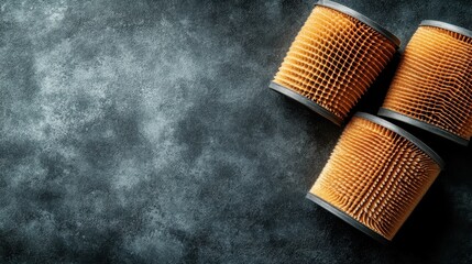 Three air filters with a honeycomb design sit atop a textured gray surface, emphasizing their functional design while hinting at themes of cleanliness and efficiency.