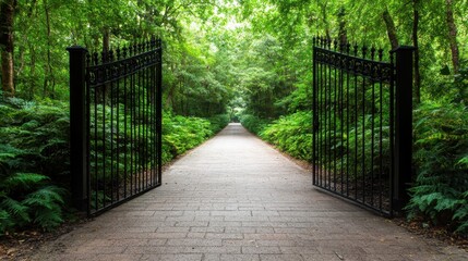 Beautiful iron gates stand open, inviting visitors to a serene pathway surrounded by lush greenery, symbolizing adventure and tranquility within nature's embrace.