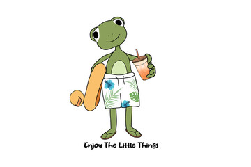 Cartoon frog with surfboard and drink isolated on transparent background