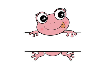 Cute pink cartoon frog with tongue out isolated on transparent background