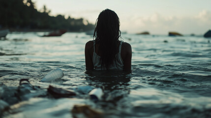 Lonely woman in the middle of a plastic ocean