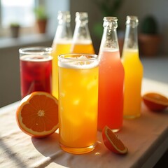 Refreshing Drinks with Fruit and Ice on Bright Surface