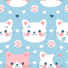 Kawaii Cat Paw Seamless Pattern in Pastel Colors.