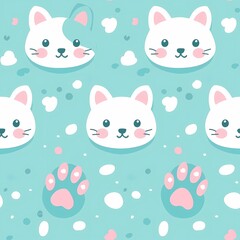 Kawaii Cat Paw Seamless Pattern in Pastel Colors.