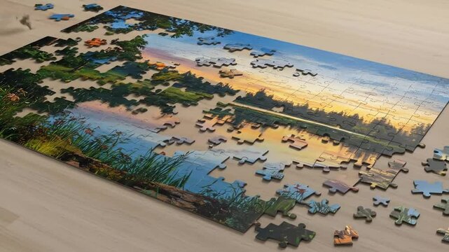 Unfinished Jigsaw Puzzle Of Lake Sunset Landscape