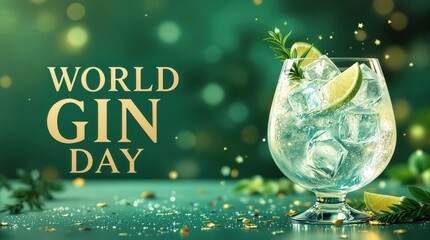 Refreshing gin and tonic with lime and ice garnished for World Gin Day celebration