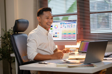 Smiling graphic designer reviewing printed color samples and making creative notes  in modern office.