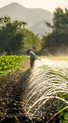 A farmer utilizes traditional irrigation methods, showcasing sustainable water use for healthier crops and practices in agriculture.