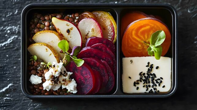 A vibrant vegetarian French bento featuring lentil salad, roasted beetroot, creamy goat cheese, and sweet pear slices. - Powered by Adobe