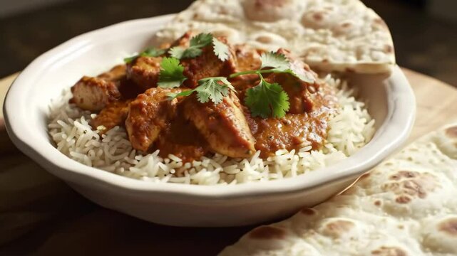 Cinematic close-up of chicken tikka masala with rice and naan, orbiting camera motion