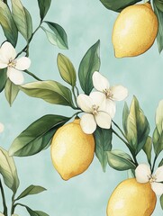 Watercolor pattern on light green background with lemon tree branches and flowers