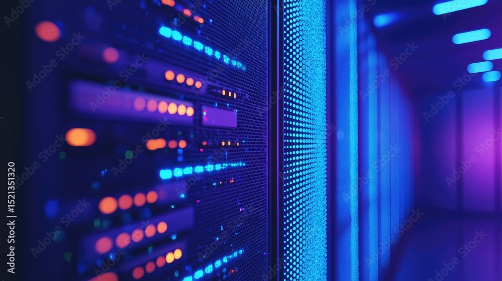 Leinwandbilder close-up of glowing server lights in a futuristic data center with vivid blue and purple illuminatio