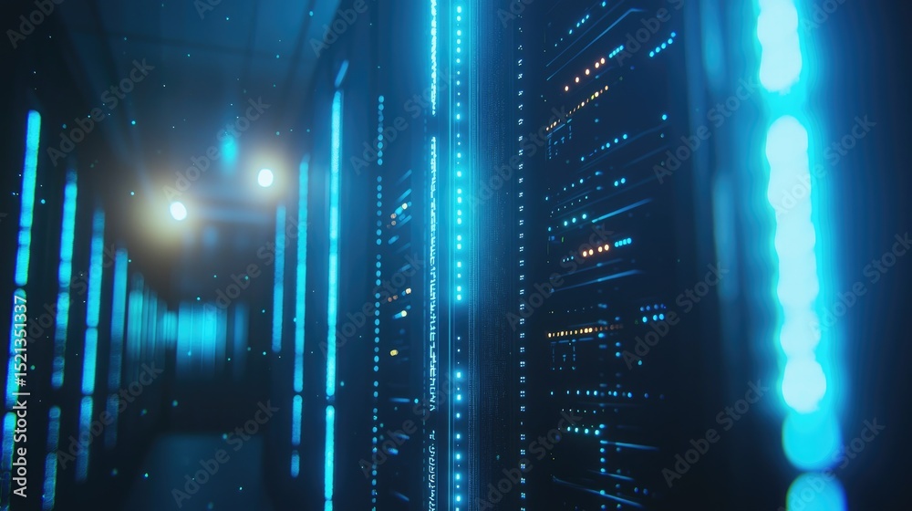 Fototapete High-tech data center with glowing blue server lights and ambient particles in focus, ideal for cyber technology, digital networks, or advanced IT infrastructure themes