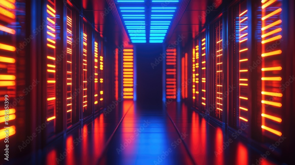 Poster symmetrical server room illuminated with intense red and blue neon lights, ideal for visualizing fut
