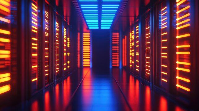 Symmetrical server room illuminated with intense red and blue neon lights, ideal for visualizing futuristic networks, cloud infrastructure, or high-performance data systems