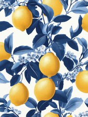 Lemons watercolor seamless pattern vintage-inspired wallpaper design with a white background and yellow lemons.