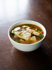 fish TOM YUM, Thai spicy soup with sea bass fillet 