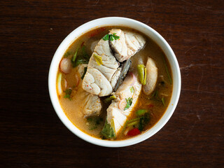 fish TOM YUM, Thai spicy soup with sea bass fillet 