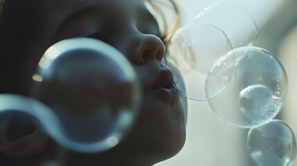 Children joyfully blowing bubbles in a smoke-free environment, embodying the essence of clean air, illuminated by soft warm light.