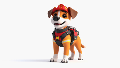 Cute 3d illustration of a rescue dog wearing a fireman’s hat on a bright white background for text placement