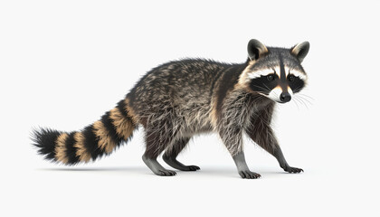 Adorable full body 3d striped raccoon with bright eyes isolated on white background with ample copy space for text