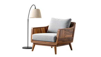 Comfortable modern armchair with a matching floor lamp in a beautifully designed interior.