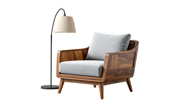 Comfortable modern armchair with a matching floor lamp in a beautifully designed interior.