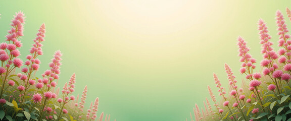 Dreamy wildflowers on soft summer background with pink blossoms and sunny gradient