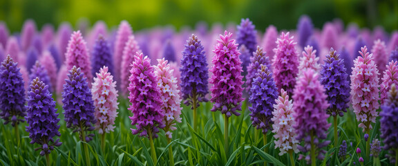 Spring garden flowers. Vibrant field of spring hyacinths flowers in full bloom, banner with soft background