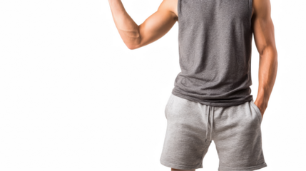 Strong sportsman wearing a gray outfit, raising one arm to display impressive muscles while keeping one hand in his pocket, set against a transparent background