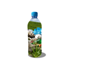 Plastic bottle filled with mixed waste and environmental elements. Beat plastic pollution concept