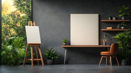 Vintage office nook with canvas on wooden easel and reclaimed wood furnishings