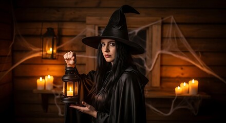 Obraz premium Mysterious Witch in a Dark Wooden Cabin with Candles and Cobwebs