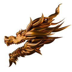 3D rendered golden dragon head on transparent background.