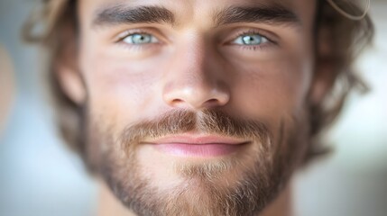 A close-up portrait of a young man with striking blue eyes and a well-groomed beard, exuding confidence and warmth.