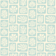 Retro summer corals seamless pattern. Pastel seaweed, algae, corals silhouette nautical hand drawn mosaic background.