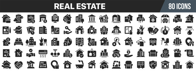 Real estate black icons collection. Big UI icon set in a flat design. Vector illustration EPS10