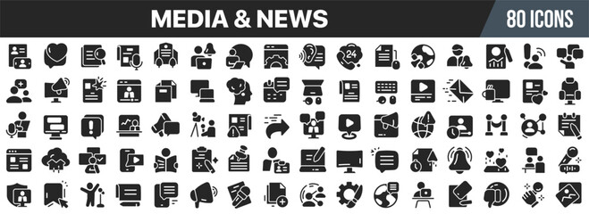 Media and news black icons collection. Big UI icon set in a flat design. Vector illustration EPS10