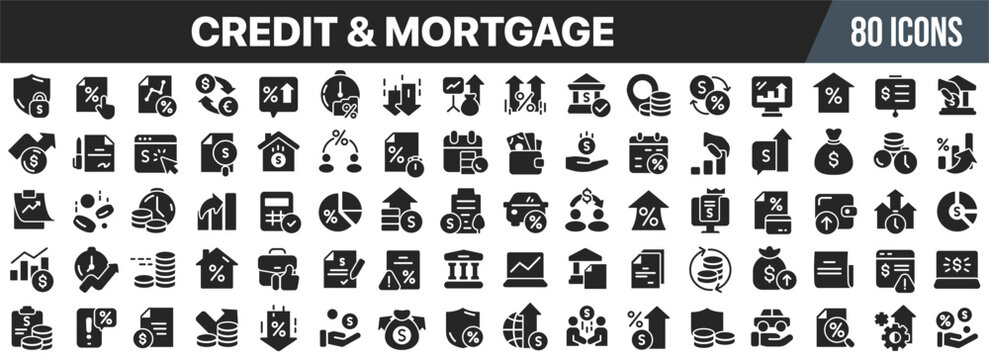 Credit and mortgage black icons collection. Big UI icon set in a flat design. Vector illustration EPS10