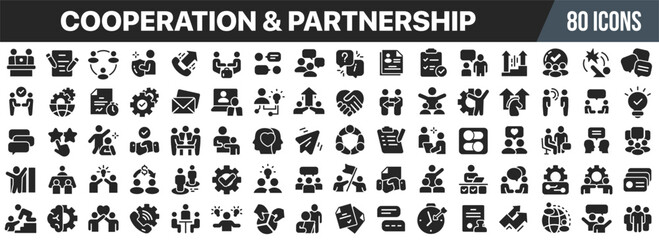 Cooperation and partnership black icons collection. Big UI icon set in a flat design. Vector illustration EPS10