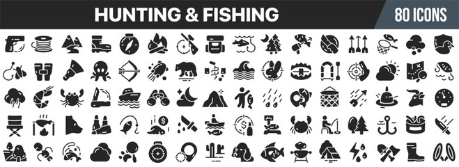 Hunting and fishing black icons collection. Big UI icon set in a flat design. Vector illustration EPS10